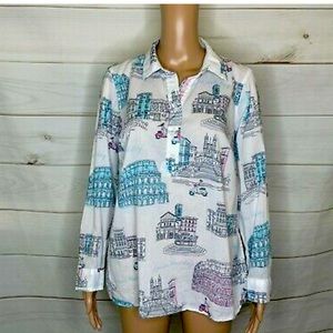 Talbots Women's L Petite Talbots White Italy Graphic Print Popover Button Blouse